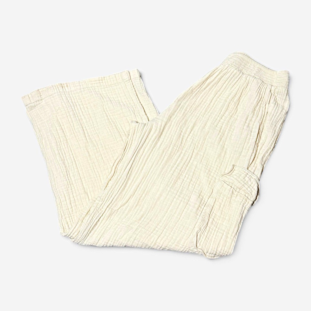 Aerie Gauze Cargo Pants L Long Tan Cotton Wide Leg Coastal Grandma Resort Beach